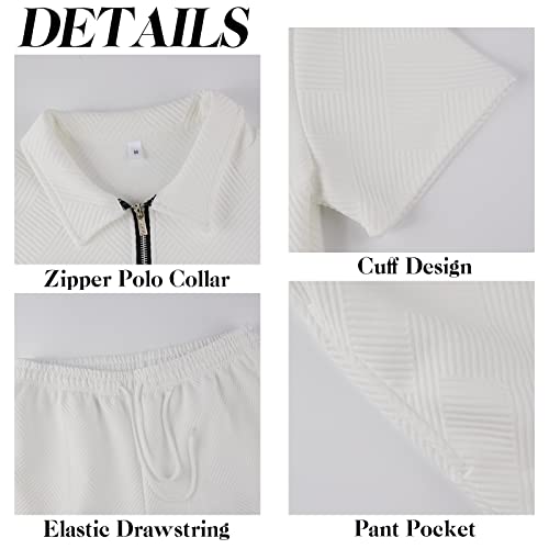 Aulemen Mens 2 Piece Zip Tracksuit Short Sleeve Print Polo Shirt and Shorts Sets Summer Outfits for Men White XL