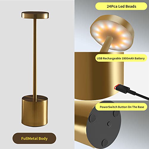 Leroxo Portable LED Table Lamp, Cordless Metal Desk Lamp,3 Color Touch Control Rechargeable Lamp,3-Levels Brightness Room Decor Desk Lamp,Bedside Lamp,Dining Room Lamp (Gold)