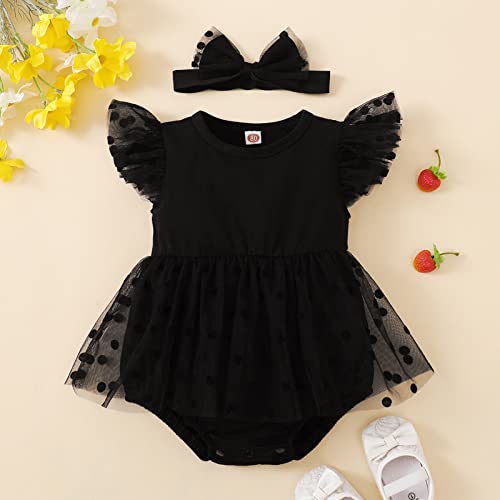 Infant Newborn Baby Girl Clothes Ruffle Sleeve Dress Romper 2Pcs Dot Mesh Skirts Hem Bodysuit with Headband Set (Black, 6-9 Months)