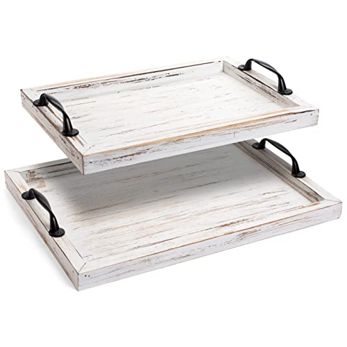 Gennua Kitchen Rustic Wooden Serving Tray Set with Metal Handles | 2 Nesting Decorative Trays for Coffee Table, Ottoman, Countertop & More with Distressed White Finish to Complement Any Decor