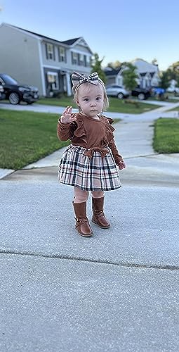 Toddler Baby Girl Fall Winter Outfit Set Plaid Romper Dress Ruffles Long Sleeve Clothes Jumpsuit with Bow Headband (Brown, 6-9 Months)