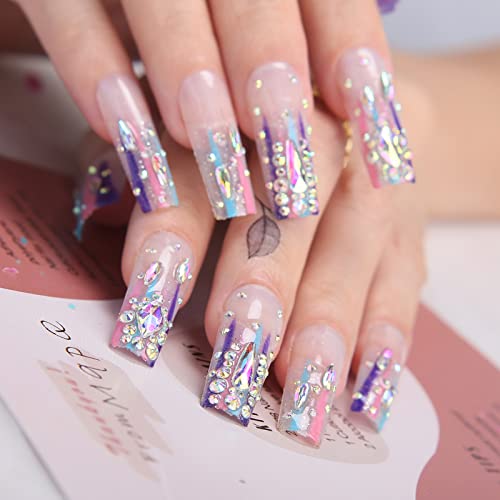 MqpQ Luxury Rainbow Press On Nails With Rhinestones Extra Long Square Fake Nails 24pc Glossy Full Cover False Nails For Women And Girls