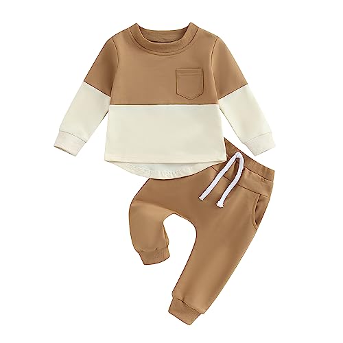 Toddler Baby Boy Outfits Long Sleeve Contrast Color Sweatshirt Solid Pants Autumn Winter Clothes Set (Brown & Beige,18-24 Months)