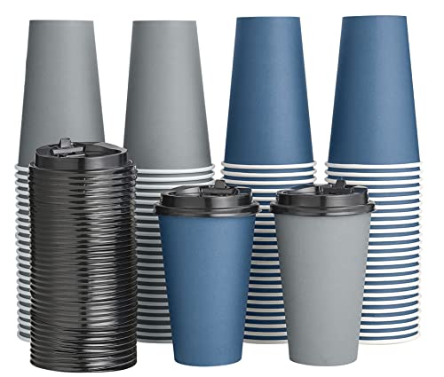 100 Pack 16 oz Paper Coffee Cups, Disposable Coffee Cups with Lids, Drinking Cups for Cold/Hot Coffee, Water, Juice, or Tea. Hot Paper Coffee Cups for Home, Restaurant, Store and Cafe.(Blue and Gray)