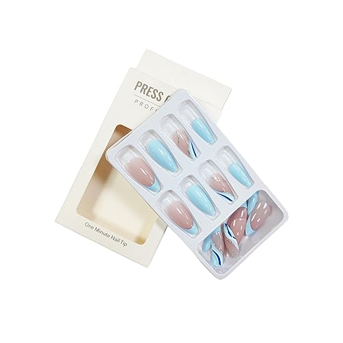 Blue French Tip Press on Nails Almond Shape Fake Nails Full Cover Glossy Acrylic Nails White And Blue Line Nails With Glitter Design Medium Length Artificial Nails Stick on Nails for Women and Girls