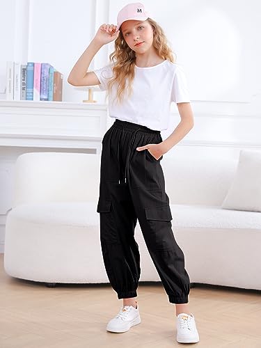 Kids Girl's Elastic Waist Black Casual Cargo Pants Pocket Side Cargo Jogger Long Pants 9-10 Years Old