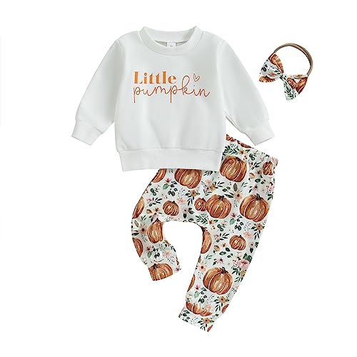 PUHHAPIEY Baby Girl Winter Clothes Pumpkin Crewneck Sweatshirts Flower Sweatpants Headband Toddler Fall Halloween Outfits (Little Pumpkin White, 18-24 Months)