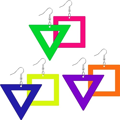 3 Pairs 80s Neon Earrings for Women Retro Pendant Acrylic Drop Dangle for 80's Outfit Party Accessories (Triangular, Square)