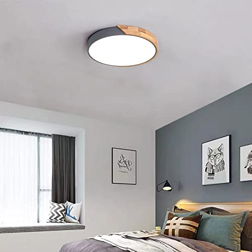 Vikaey Modern LED Ceiling Light, Minimalist Wood Style Flush Mount Ceiling Light Fixture, Circle Lighting Lamp with Acrylic Lampshade for Bedroom Living Room Dining Room Laundry (Grey, 15.8'')