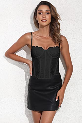 Dealmore Womens Trendy Tops Date Night Outfit Summer Clothes Cute Lace top Mesh Sexy Vintage Spaghetti Strap Open Back Boned Top Black