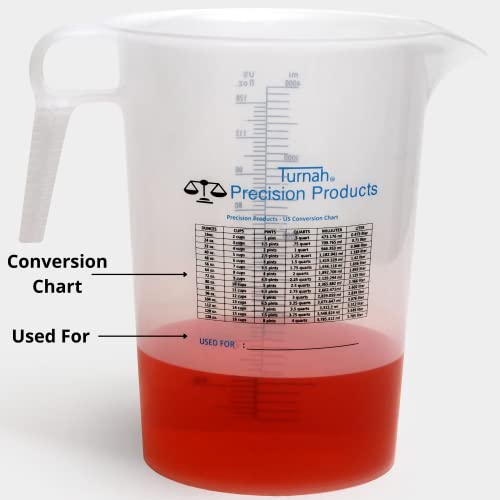 One Gallon 128oz Measure Pitcher - Convenient Conversion Chart - Strong Food Grade - Great For Lawn, Pool Chemicals - Ag - Lye and Home Hobbies - Motor Oil and Fluids - by Turnah Precision Products