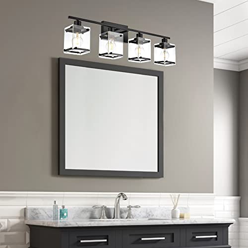 MELUCEE Bathroom Light Fixtures 4 Lights Matte Black Vanity Light with Rectangular Clear Glass Shade, Modern Metal Sconces Wall Lighting for Mirror Kitchen Bedroom Powder Room