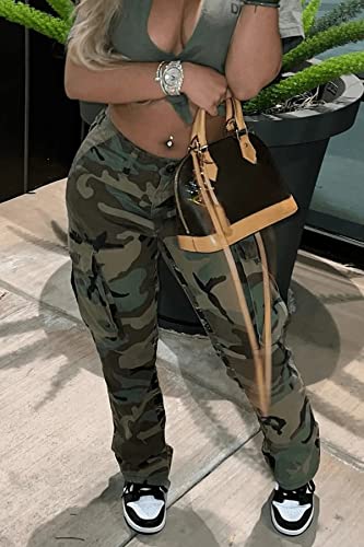 Casual Plus Size Camo Cargo Pants for Women High Waist Slim Fit Camouflage Jogger Army Pants Sweatpants with Pockets