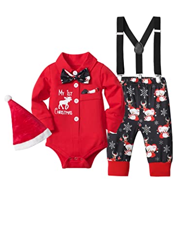 AGAPENG Baby Boy Christmas Outfit My First Christmas Baby Boy Outfit Infant Gentleman Romper with Bow Tie Suspender Pants Hat 0-3 Months Baby Christmas Outfit Boy 3Pcs Clothes Set