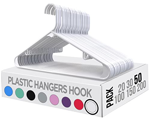 Utopia Home Plastic Clothes Hangers 50 Pack with Hooks - Durable & Space Saving Heavy Duty White Hangers for Coats, Skirts, Pants, Dress, Etc.