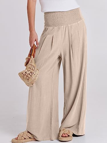 Prinbara High Waisted Wide Leg Pants for Women Summer Beach Boho Cotton Linen Palazzo Pants Casual Flowy Trousers with Pockets Almond 1PA091-mixing-XL