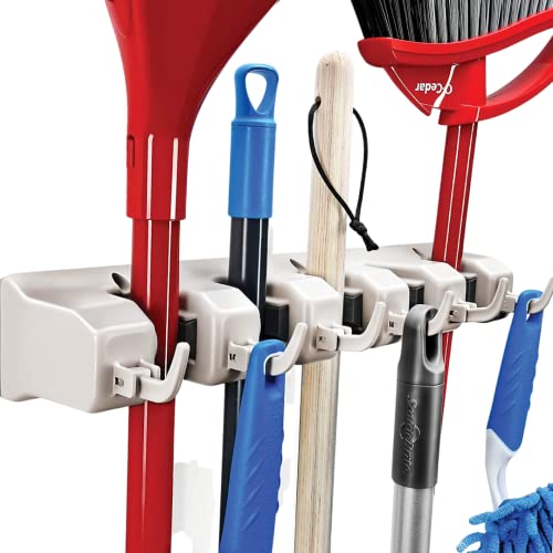 HOME IT Mop And Broom Holder - Garage Storage Systems with 5 Slots, 6 Hooks, 7.5lbs Capacity Per Slot - Garden Tool Organizer For 11 Tools - For Home, Kitchen, Closet, Garage, Laundry Room - Off-White