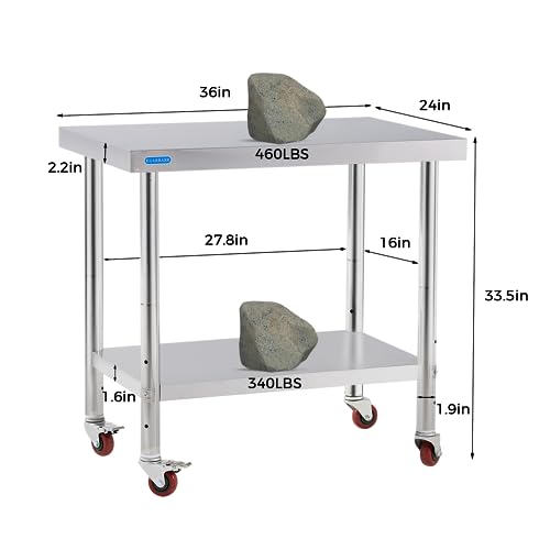 KUARBARR 2023 New Stainless Steel Table for Prep & Work with 4 Caster Wheels with Undershelf 24 x 36 NSF Metal Commercial Kitchen Adjustable Undershelf Worktable for Restaurant Home Outdoor