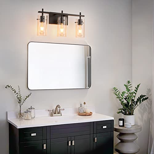 Black 3-Light Vanity Light Fixture, Wall Sconce Lighting with Glass Shade, Modern Wall Lights Over Mirror Vanity Lamp (Black, 3-Light)