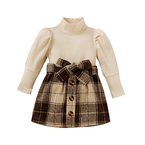 Fernvia Toddler Baby Girl Fall Winter Skirt Set Turtleneck Ribbed Long Sleeve T-Shirt Top & Plaid Skirts Dress 2Pcs Outfits (J Beige, 12-18 Months)