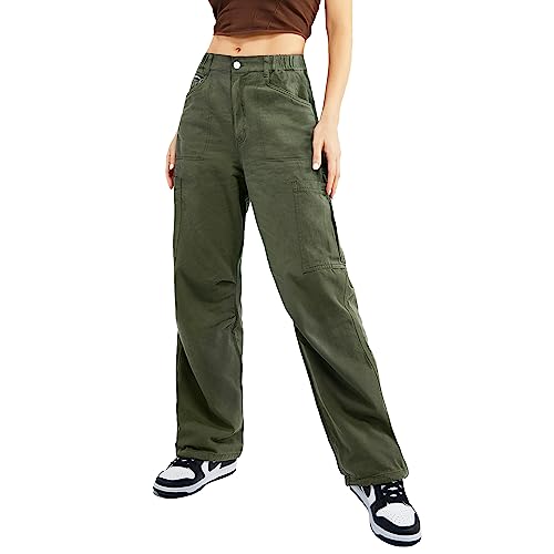 Znyeth Cargo Pants Women High Waist Baggy Jeans with 7 Pockets Casual Wide Leg Y2K Pants for Womens Combat Military Work Pants Army Green 3XL