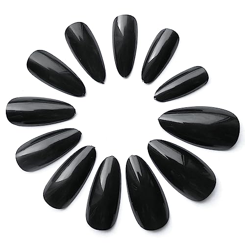 AddFavor 120pcs Short Press on Nails Almond Fake Nails Glossy Black Almond Nails Medium Full Cover Acrylic False Nails with Nail Glue, Adhesive Tabs, File Tools for Women