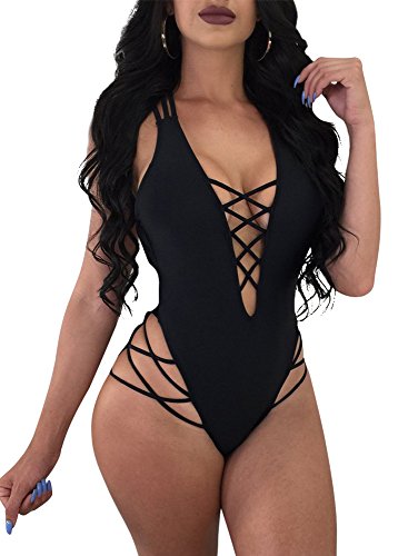 LAGSHIAN Womens Sexy One Piece Lace Up Straps Swimsuit Bathing Suit Swimwear Black