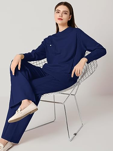 SuperPrity Cozy Knit Lounge Set 2023 Fall Trendy Mock Neck Sweater Sets Womens Plus 2 Piece Outfits Oversized Matching Pants Set Lounge Wear-2XL,Navy Blue