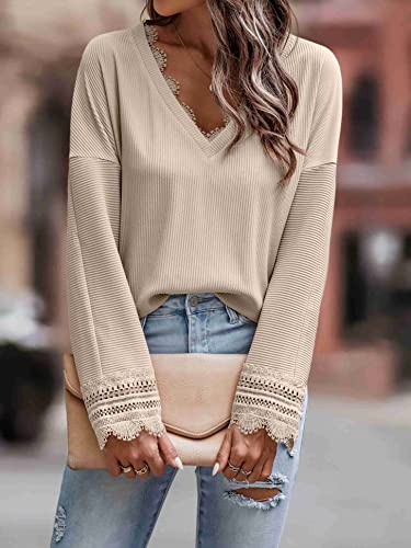 Trendy Queen Womens Fall Shirts 2023 Blouses for Women Dressy Casual V Neck Lace Crochet Long Sleeve Ribbed Knit Teacher Outfits Boho Fashion Tunic Tops A-Khaki