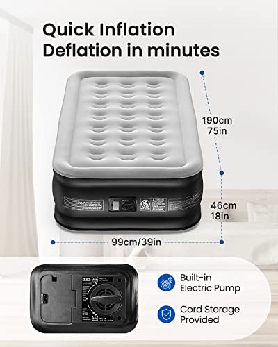 Airefina Comfort Twin Air Mattress with Built-in Pump, Inflatable Airbed in 2 Mins Self-Inflation/Deflation, Flocked Surface Blow Up Mattress for Home Guest, Portable Camping 75x39x18in, 650lb MAX