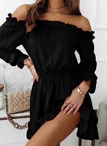 Dokotoo Womens Ruffle Off Shoulder Dress Long Sleeve Elastic Waist A-Line Casual Swing Mini Dresses for Women Fall Summer Fashion 2023 Flowy Cute Sexy Party Date Night Outfits Black Plus Size X-Large