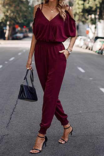 PRETTYGARDEN Jumpsuit for Women Casual Wrap V Neck Cold Shoulder One Piece Outfits Pants Romper (Wine Red,Large)