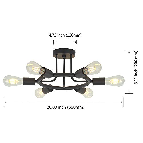 BONLICHT 6 Lights Sputnik Chandelier Light Fixtures Modern Chandelier Lighting Black Semi Flush Mount Ceiling Light Industrial Starburst Style Ceiling Lamp for Kitchen Dining Room Foyer Hallway