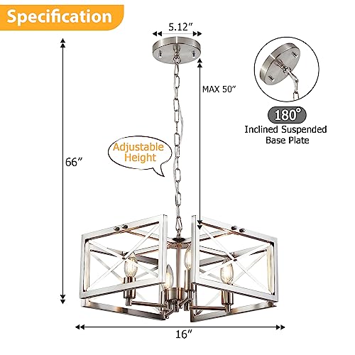 Doltoro Brushed Nickel Farmhouse Chandelier 4-Light Modern Chandelier for Dining Room Lighting Fixtures Hanging, Iron Square Frame Chandeliers for Hallway Kitchen Foyer Living Room Bedroom