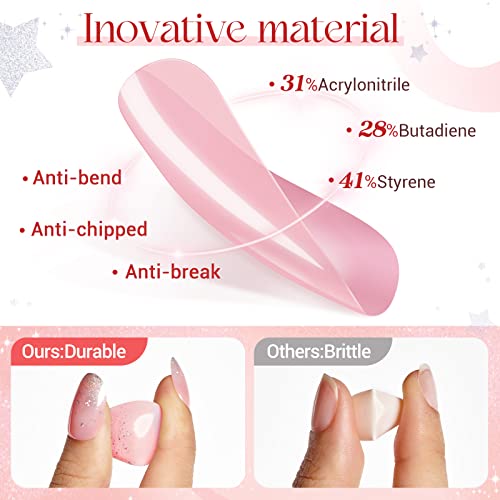 Press on Nails Short Round Nails, Silver French Tip Nude Pink Fake Nails with Design Glitter Oval Full Cover False Nails Reusable Glue on Nails for Women Acrylic Stick on Nails Decoration Gifts, 24Pcs