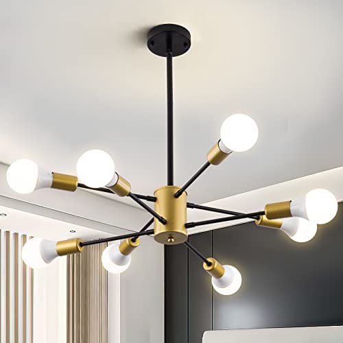 XUPUHOUSE Modern Sputnik Chandelier Fixtures,Farmhouse 8-Light Black and Gold Chandelier Over Table,Mid Century Height Adjustable Ceiling Lighting for Living Room, Kitchen, Bedroom, Dining Room