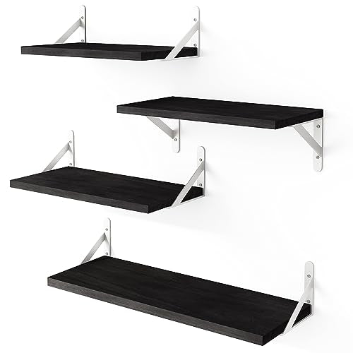 YGEOMER Floating Shelves, Rustic Wood Shelves, 4 Sets of Wall Mounted Shelf for Bathroom Decor, Bedroom, Living Room and Plants (Black and White Bracket)