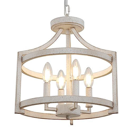 WBinDX 4-Light Farmhouse Chandelier, Rustic Hanging Pendant Lighting Convertible Semi Flush Mount Ceiling Light Fixture Distressed White Metal Cage Chandeliers for Kitchen Island Foyer Entryway