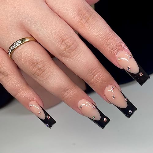 French Tip Press on Nails Medium Square Fake Nails Black Nude Glue on Nails Glossy Rhinestone False Nails With Design Cute Acrylic Nails Holiday or Summer for Women Nail Art 24pcs