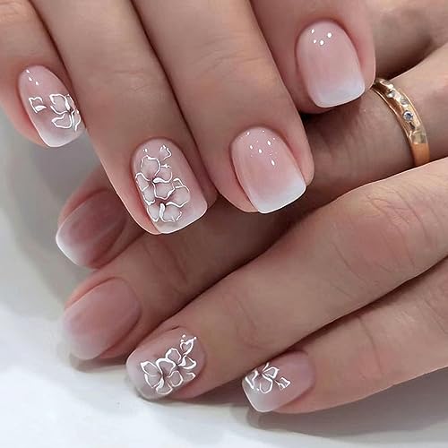 Short Press on Nails Square Fake Nails with Flower Designs French Gradient False Nails Cute Short Acrylic Press on Nails Glossy Nude Pink Stick on Nails Reusable Artificial Nails for Women Girls