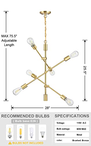 6 Lights Mid Century Gold Bronze Industrial Brushed Brass Light Fixture Modern Sputnik Chandelier Semi Flush Mount Ceiling Pendant Lighting for Dining Room Restaurant Kitchen Living Room