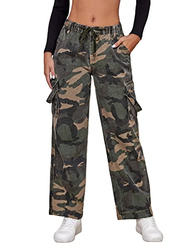 Verdusa Women's Drawstring Waist Camo Print Cargo Pants Loose Long Trousers Camo Green M