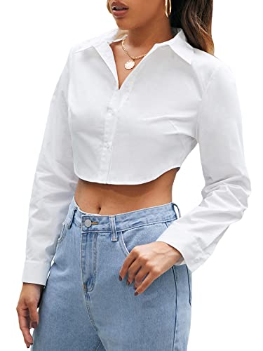 SHENHE Women's Button Down Blouse Long Sleeve Cropped Shirts Casual Blouse Tops White S