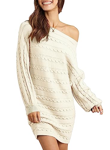 Dokotoo Womens Sweaters Fall Winter Off The Shoulder Sweater Dress Long Sleeve Knit Casual Oversized Pullover Sweater Dresses Soft Loose Mini Dress 2023 Trendy Outfits Apricot Small