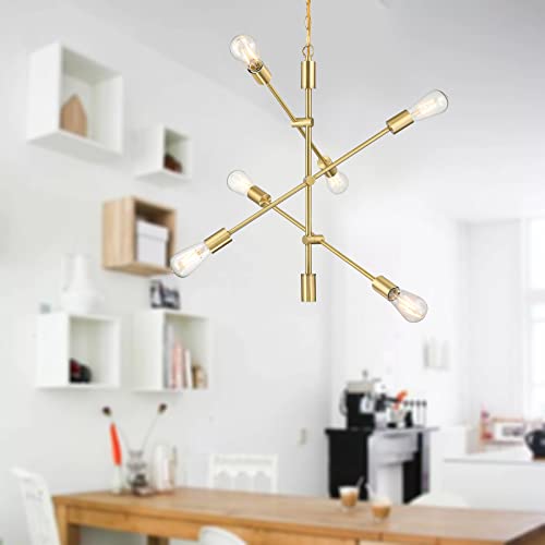 6 Lights Mid Century Gold Bronze Industrial Brushed Brass Light Fixture Modern Sputnik Chandelier Semi Flush Mount Ceiling Pendant Lighting for Dining Room Restaurant Kitchen Living Room