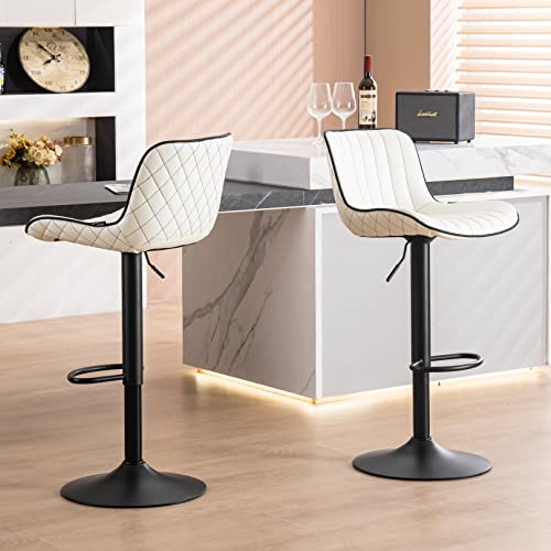 YOUNUOKE White Upholstered Bar Stools Set of 2 Counter Height Modern Adjustable Swivel Bar Chairs with Backs Mid Century PU Leather Padded Barstool for Home Kitchen Island