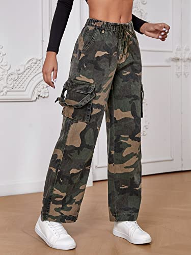 Verdusa Women's Drawstring Waist Camo Print Cargo Pants Loose Long Trousers Camo Green M