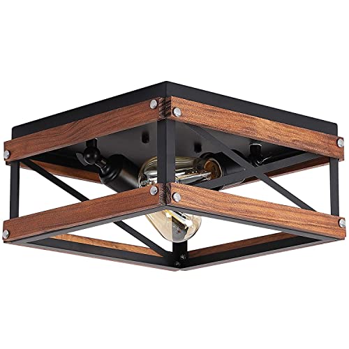 Rustic Farmhouse Flush Mount Light Fixture Two-Light Metal and Wood Square Flush Mount Ceiling Light for Hallway Bedroom Kitchen Entryway, Black