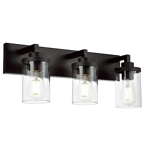 QueeuQ 3 Light Farmhouse Bathroom Vanity Light Fixtures Black Vanity Light with Clear Glass Industrial Wall Lighting Rustic Sconces Wall Mount Lamp for Living Room Hallway