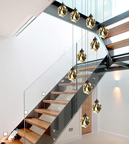 IDEQUY 10-Lights Black Staircase Crystal Chandeliers for Living room120inches Long Foyer Entrance Crystal Pendant Light High Ceiling Crystal Chandeliers Dimmable 3000-6000K LED